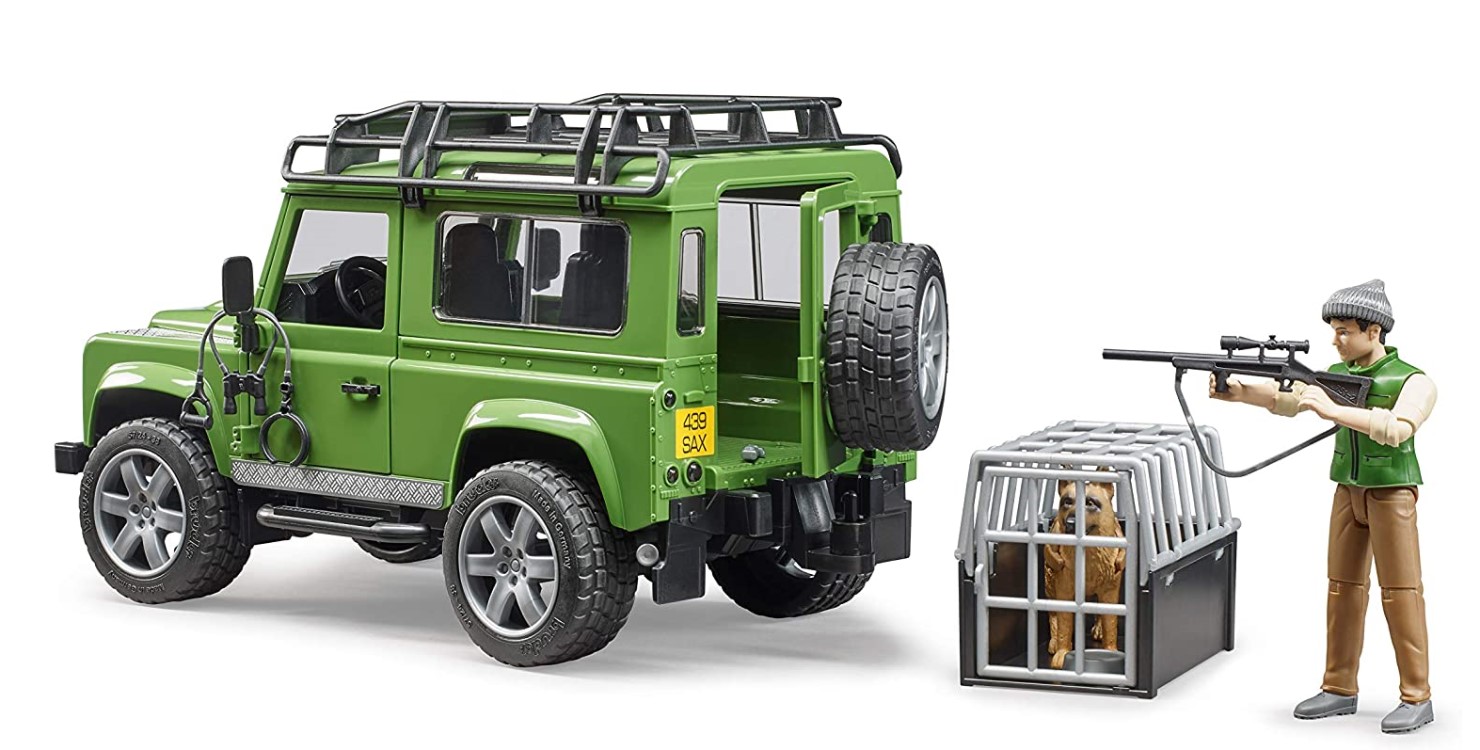 BRUDER LAND ROVER DEFENDER WITH FORESTER AND DOG