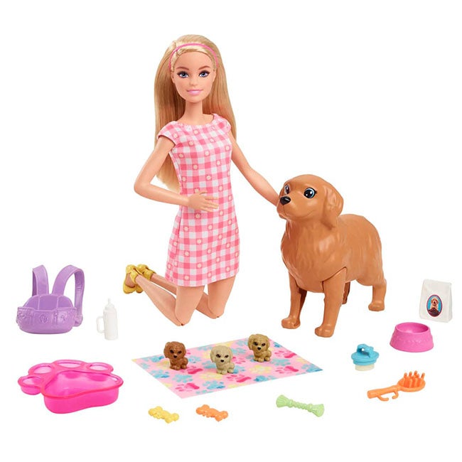 BARBIE DOLL AND NEWBORN PUPS PLAYSET