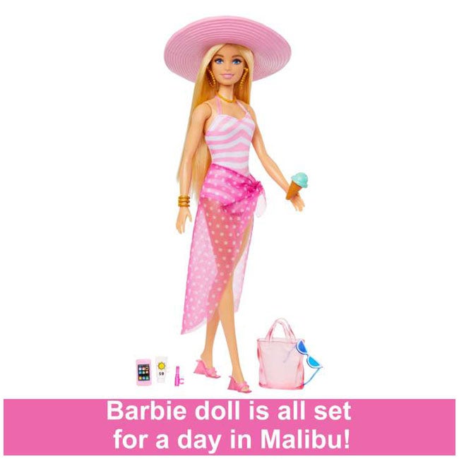 BARBIE BLONDE DOLL WITH SWIMSUIT AND BEACH ACCESSORIES
