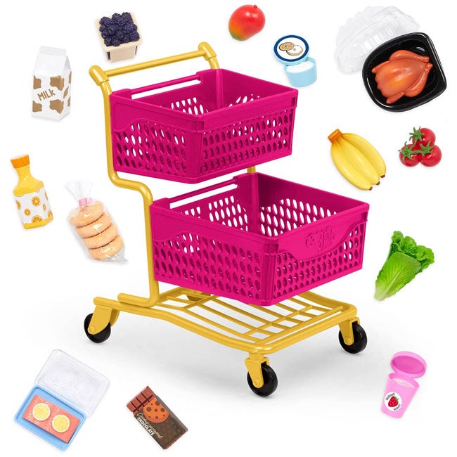 OUR GENERATION PINK/YELLOW DELUXE SHOPPING TROLLEY
