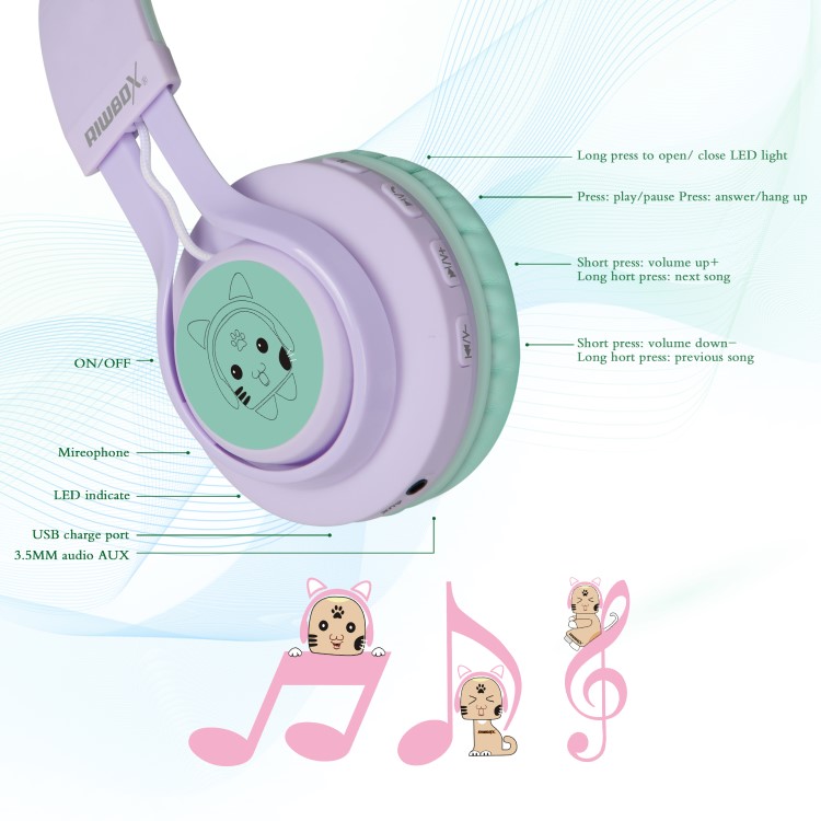 RIWBOX CAT KIDS BLUETOOTH HEADPHONES PUR/GRN