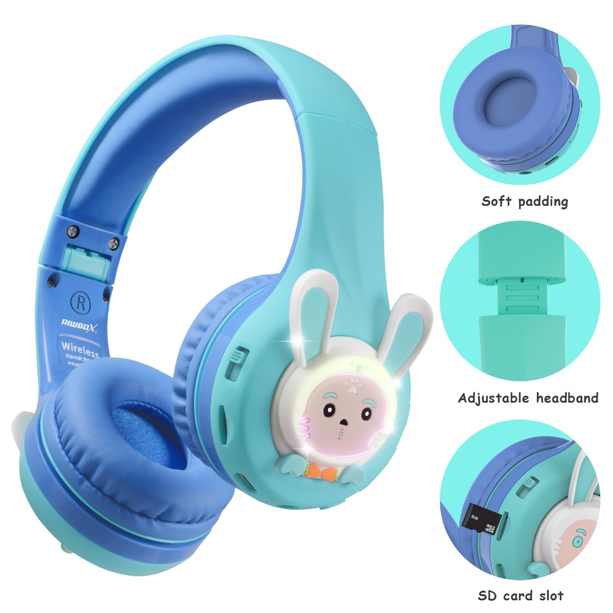 RIWBOX RABBIT KIDS BLUETOOTH HEADPHONES BLU/GRN