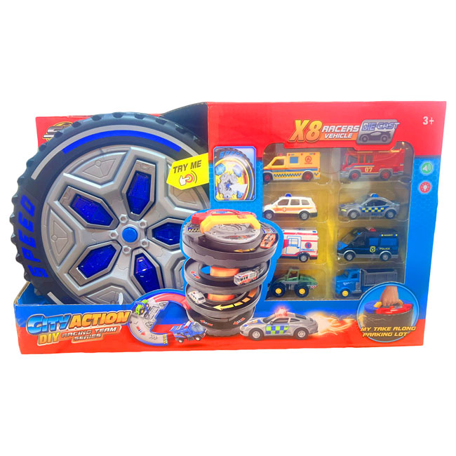 SNAP KID TRACK PLAYSET CARRY CASE W/ 8 CARS - POLICE