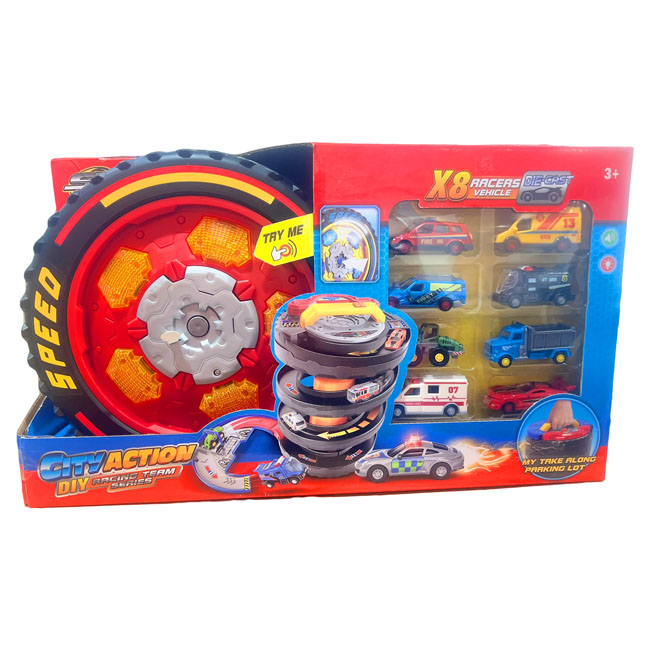 SNAP KID TRACK PLAYSET CARRY CASE W/ 8 CARS - FIRE RESCUE