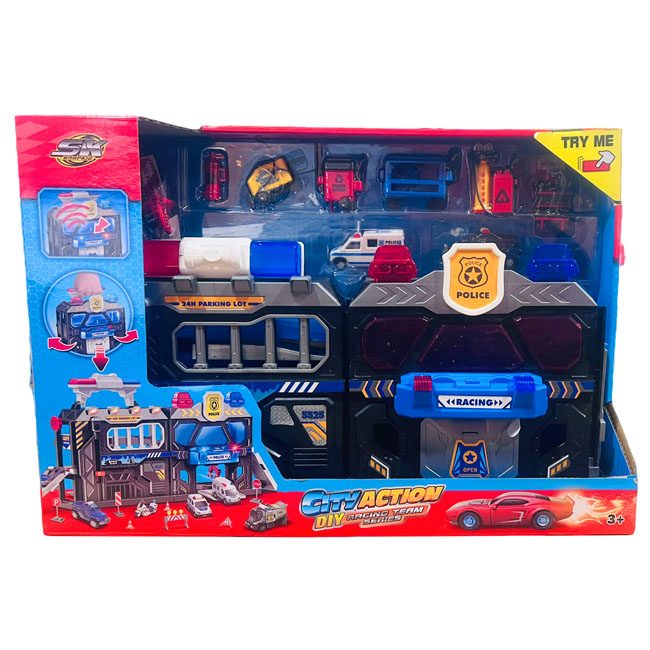 SNAP KID GARAGE PLAYSET CARRY CASE W/ 2 CARS - POLICE